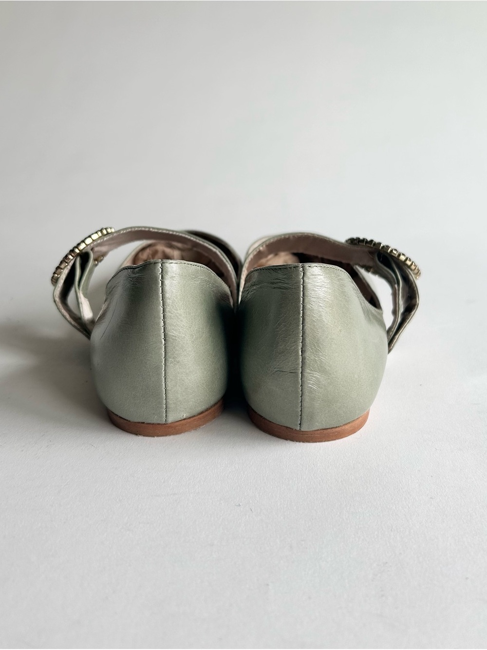 Zara Basic Green Leather Mary Jane Point Toe Glitter Buckle Flats size 7.5 - Picture 9 of 16
